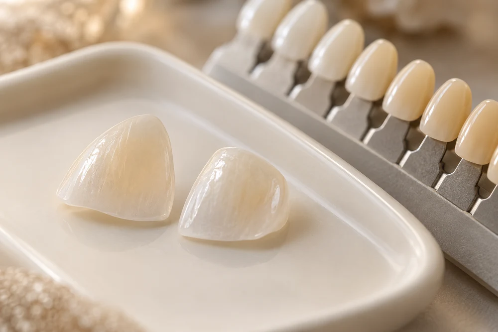 Carillas dentales y guía de tonos sobre una bandeja