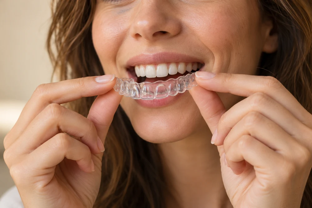 Alineador transparente junto a los dientes